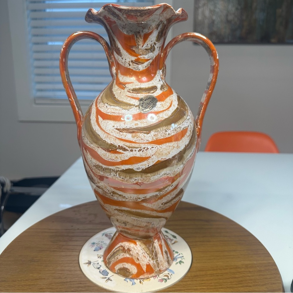 Beautiful Handmade Vintage Italian 12” Vase Urn Made In Italy Guildcraft Orange